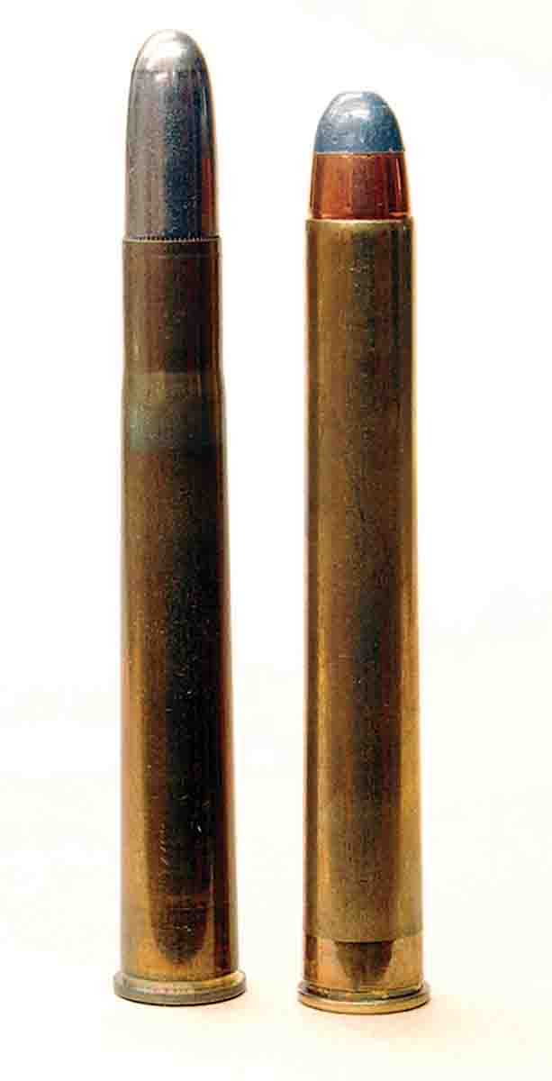The 9.3x74R (left) was perhaps created from British .400 black-powder cartridges. At right is a current .400 (3-inch) loaded with a light express bullet.